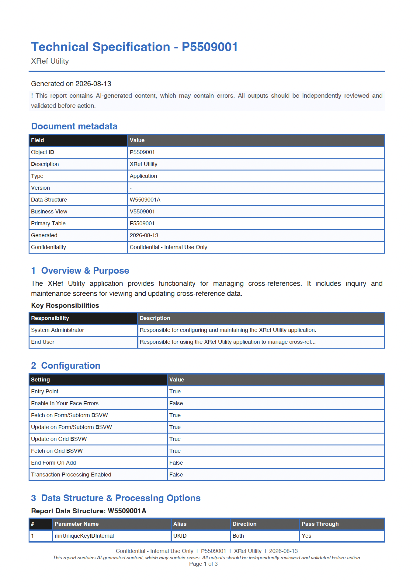 Sample JDE Technical Specification report